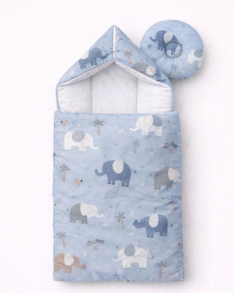 Baby sleeping bag with elephant pattern on a white background