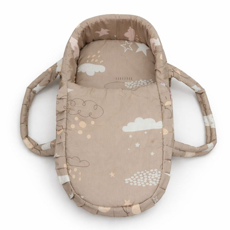 Baby carrier with cloud and star pattern on a white background